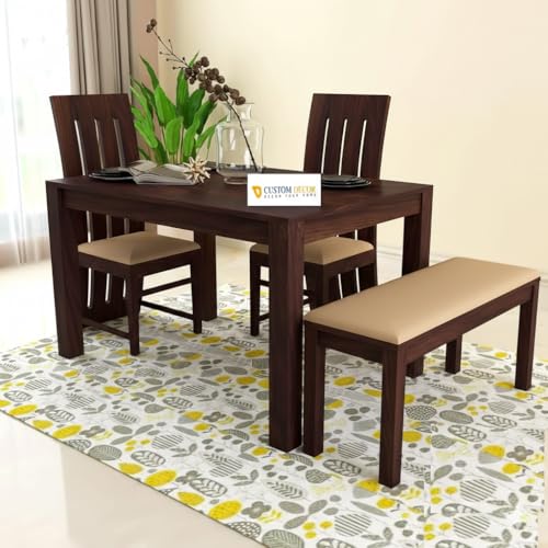 Image of RECTART Solid Wood Dining Table Set with Chairs for Living Room Home | Wooden Dining Room Sets Furniture for Hotels and Restaurants | (Walnut Foster, 4 Seater with Bench)