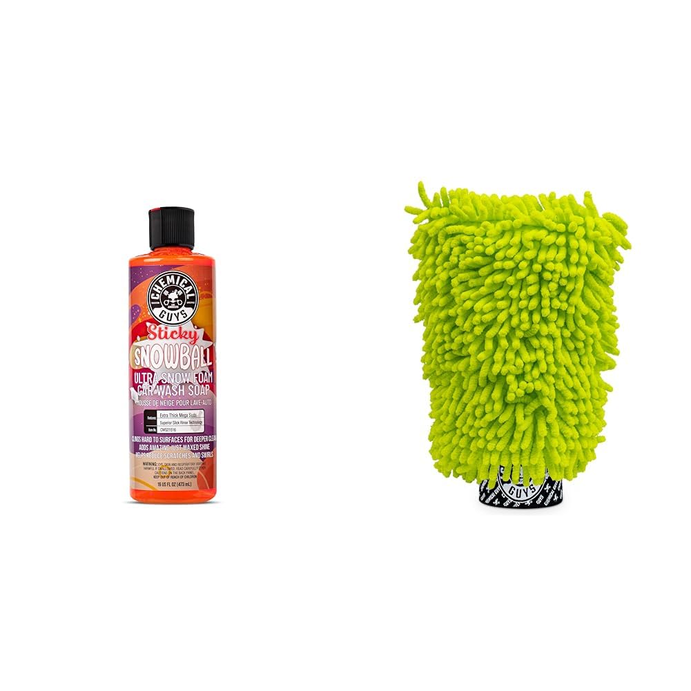 Chemical Guys CWS21516M Car Wash Starter Bundle - Sticky Snowball Ultra Snow Foam Car Wash Soap, 16 oz, Cherry Scent + Green Chenille Wash Mitt (2 Items) Works on Cars, Trucks, SUVs, RVs & More