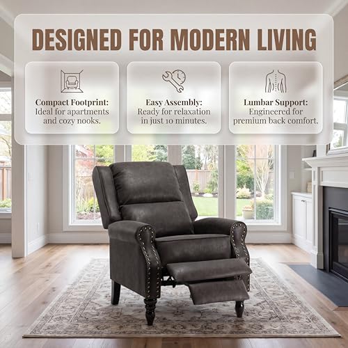 Image of Leather Recliner Chair, Pushback Recliner Chair with Adjustable Backrest Footrest, Mid Modern Reclining with Overstuffed Arms Lumbar Support for Reading, Living Room, Black