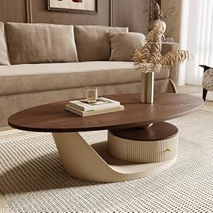 Qiydia Mid-Century Modern Couchtisch für Wohnzimmer, Ovaler Mitteltisch mit Massivholzplatte, Sofa Beistelltisch mit Schublade, Akzent-cocktailtisch für Home Office(120x60x40cm(47x24x16... Apricot)