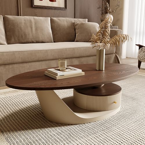 Qiydia Mid-Century Modern Couchtisch für Wohnzimmer, Ovaler Mitteltisch mit Massivholzplatte, Sofa Beistelltisch mit Schublade, Akzent-cocktailtisch für Home Office(120x60x40cm(47x24x16in), Apricot) Küche, Haushalt & Wohnen