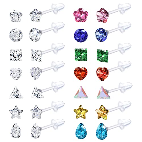 14Pairs Clear Plastic CZ Studs Earrings for Women Colorful Acrylic Post Hypoallergenic Stud Earring Set CZ Rhinestone Ear Studs Piercing Retainers