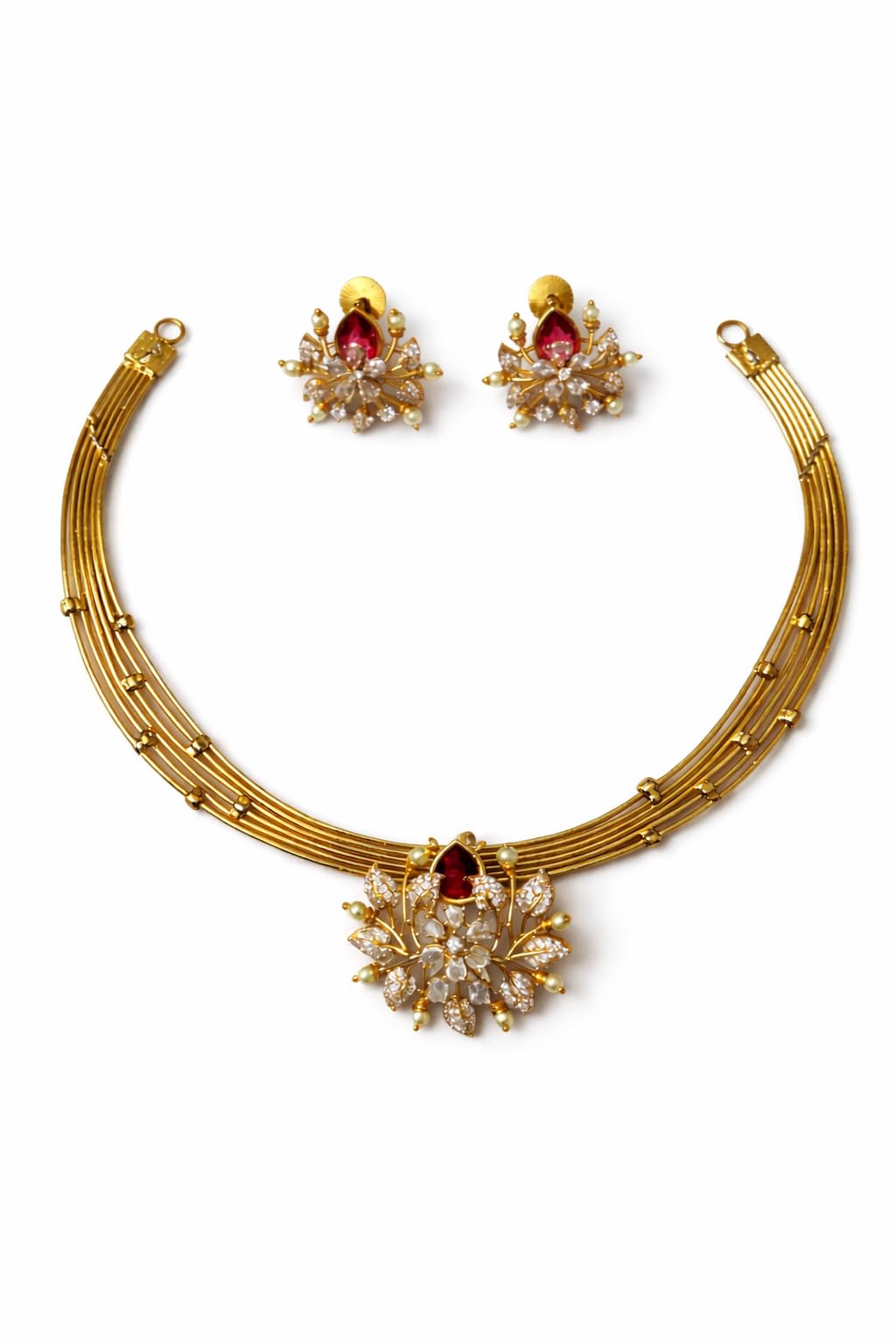 Gold-Tone Choker Necklace and Earring Set, Floral Pendant with Ruby and Pearl Accents, Traditional Indian Jewellery-image-24