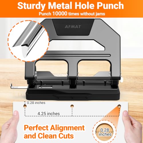 Image of AFMAT Heavy Duty 3 Hole Puncher, 50-Sheet Paper Punch Heavy Duty, 50% Reduced Effort Three Hole Punch, 10K+ Uses, Metal Hole Puncher 3 Ring w /Large Tray, Bulit-in S.S. Paper Guide HPX4(Black)