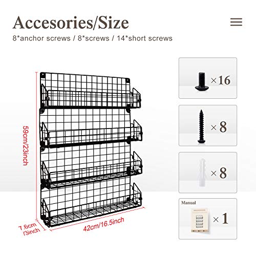 Spice Rack Organizer Wall Mounted, G-TING 4 Tier Stackable Iron Wire Hanging Spice Shelf Storage Seasoning Holder Racks for Kitchen Cabinet Pantry Bathroom Door Household Items, Black