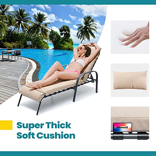 Pellebant Patio Chaise Lounge Chair With Cushion, Adjustable Chair With 5 Positions, Folding Outdoor Recliners All Weather For Beach, Pool And Yard, 2 Pcs, Tan #TOP2