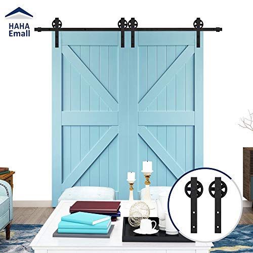 Hahaemall Modern Metal Wheel Roller Double Sliding Barn Doors Hardware Track Black Hanger Rolling Cabinet Closet Kit (5480mm Double Kit)