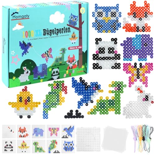 Homgaty Lot de 1000 grandes perles à repasser de 10 mm avec plaque enfichable, 10 motifs d'animaux, 10 pendentifs et 3 papiers à repasser, kit créatif de perles...