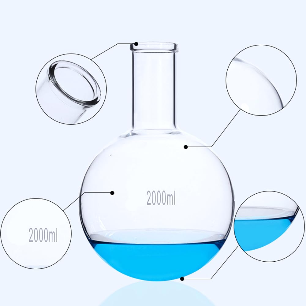 Matraz Erlenmeyer Graduado de Borosilicato, Matraz de Vidrio de Fondo Redondo y Cuello Corto de 100, 150, 250, 500 y 1000 ml, con Boca labrada, for experimentos de Laboratorio.(2000ml)
