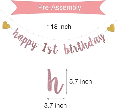 Miniatura 2 de XIAOLUOLY - Cartel con purpurina de oro rosa, pre-encordado, decoración de fiesta de primer cumpleaños, telón de fondo de feliz primer cumpleaños