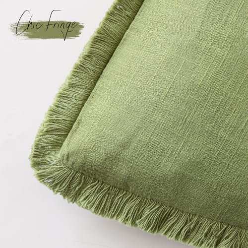 Image of Foindtower Set of 2 Decorative Linen Fringe Throw Pillow Covers Cozy Boho Farmhouse Cushion Cover with Tassels Soft Accent Pillowcase for Couch Sofa Bed Living Room Home Decor,20x20 Inch,Lush Green