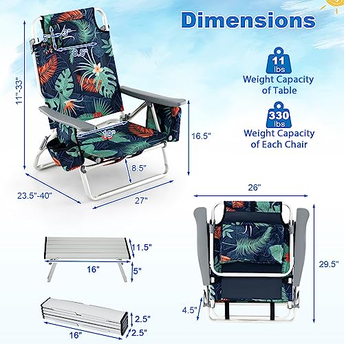 Image of Giantex Folding Beach Chair, Patio Sling Chairs with 5 Adjustable Position, Head Pillow, Storage Bag, Towel Bar, Cup Holders, Backpack Chairs for Sunbathing, Camping Chair
