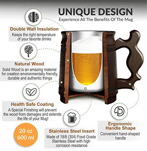Handgemaakte Bierpul Eikenhout Roestvrijstalen Beker Natuurlijk Milieuvriendelijk Houten Bierpul 0,6L 20oz Klassiek Bruin (Retro 20 oz / 0,6l) - Image 3