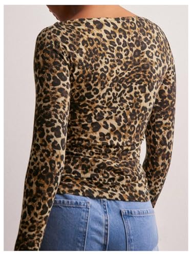 Women's Long Sleeve Leopard Print T Shirts Boat Neck Slim Fit Tee Shirts Streetwear2