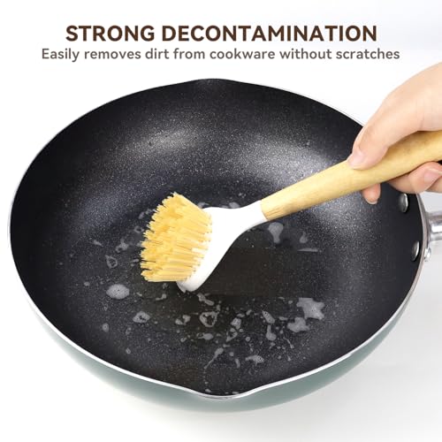 Image of 2 Pack Kitchen Scrub Brushes for Cleaning Dish Brush with Handle for Pans, Pots, Kitchen Sink Cleaning Scrub Brushes (Wooden Handle)