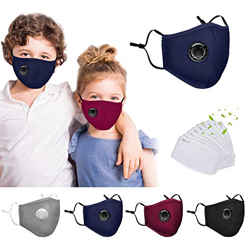 4 Pack Reusable Face_Mask with Breathing Valve,Washable Facemask with 8PC Activated Carbon Filters,Breathable Cotton Protection Shield with Adjustable Ear Loops and Nose Wire for Kids