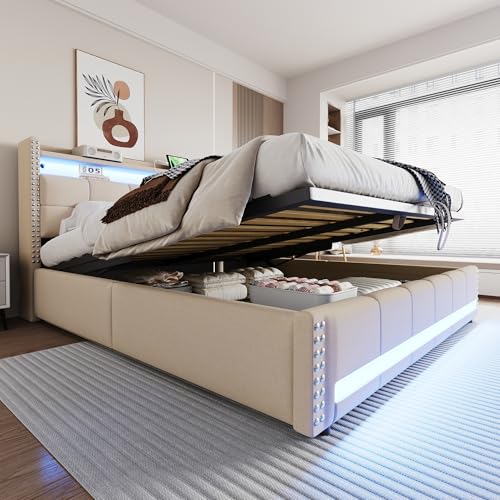 Kebnor Polsterbett, Kopfteil mit Einlegeböden und Stauraum, Mit Hydraulik für die Lagerung, Erwachsenenbett Doppelt, Leinenstoff (Beige, 180 * 200cm) Kebnor Polsterbett, Kopfteil mit Einlegeböden und Stauraum, Mit Hydraulik für die Lagerung, Erwachsenenbett Doppelt, Leinenstoff (Beige, 180 * 200cm)