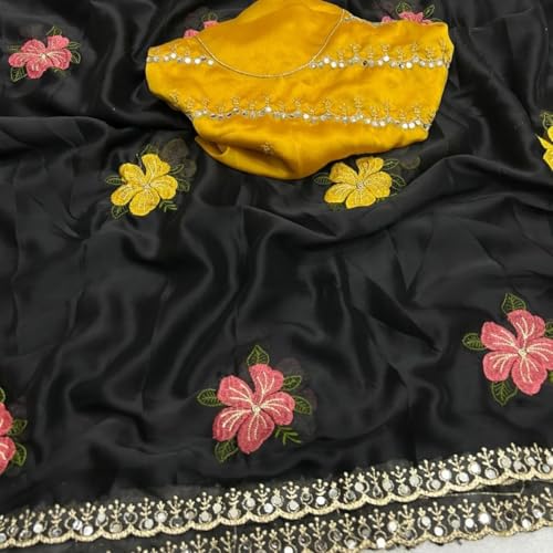 Image of Handcrafted Floral Embroidered Saree with Contrast Blouse