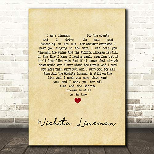 Wichita Lineman Vintage Heart Quote Song Lyric Wall Art Gift Print