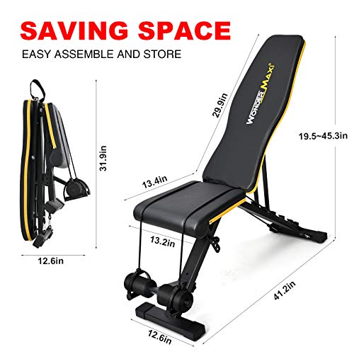 Wonder Maxi Adjustable Bench Weight at Home Workout Bench, Strength Training Bench for Full Body Exercise, Multi-Purpose Foldable Incline Bench with Arm Resistance Bands (Black)