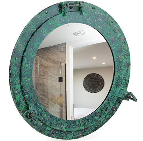 Aluminum Porthole Mirror 17inch W/Antique Green Finish - Nautical Decor