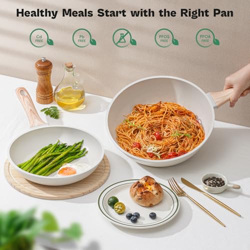 Image of SODAY Pots and Pans Set Non Stick, 13Pcs White Granite Induction Cookware | PFAS /PFOA /PFOS Free Nonstick Kitchen Cookware Sets, with Eggs Pan, Fry Pans & Saucepans