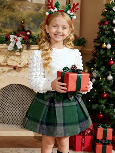 Image of Noubeau Toddler Girls Plaid Outfits Girls Puff Sleeve Knit Ribbed Shirt Tops Plaid Skirt Set Kids Fall Winter Clothes