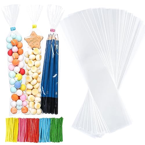 GWHOLE 300 Stück Cellophantüten Klein Süßigkeiten Tüten Opp Geschenktüten Transparent Zellophantüten Durchsichtige Klarsichttüten Kerzen Verpackungstüten mit 320 Twist Krawatten, 25 x 5 cm