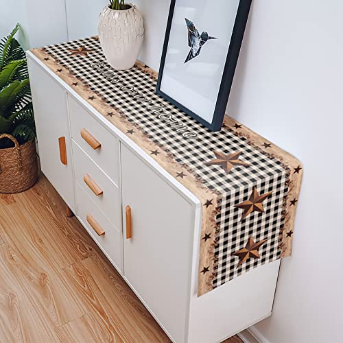 Farmhouse Table Runner,Rustic Barn Western Texas Star Berries Black White Buffalo Plaid Country Burlap Dresser Runner Dining Table Scarf,Small Table Runner For Home Party Decoration,13X36 Inch #TOP4