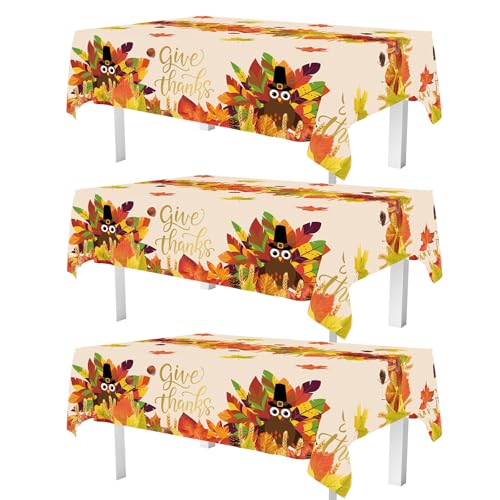 Mocsicka 3 Pack Thanksgiving Disposable Tablecloth Fall Maple Turkey Give Thanks Waterproof Rectangle Plastic Tablecloths for Friendgiving Party Decorations 108x54 Inch
