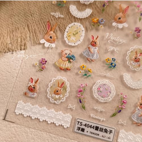 Rabbit Nail Stickers Decals Flower Nail Art Stickers with Lace Design 5D Embossed Self Adhesive Cute Cartoon Nails Art Decals Easter Manicure Charms Supply Decoration for Women