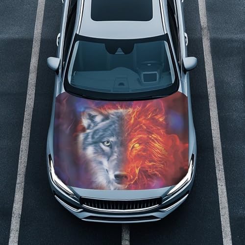 Image of Red Wolf Car Hood Cover Polyester Elastic Fabrics Washable Suitable for Large SUV and Pickup Trucks 39x59in