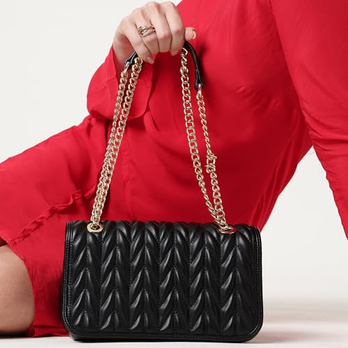 Image of Fastrack QuiltGrid Shoulder Bag | Faux-Leather Women's Handbag | Diamond Quilted Design | Adjustable Chain Strap | Zipper & Magnetic Closure | Gold-Finish Hardware