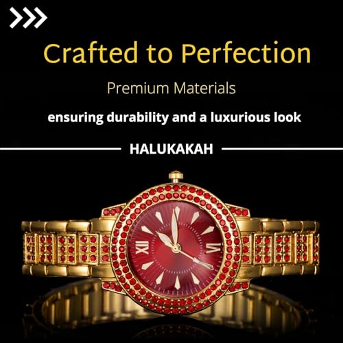 Halukakah Green/Blue/Red Diamonds Watch Iced Out for Boy Teens Kids - 18K Real Gold/Platinum Plated,Round Dial,Japanese Quartz - 7.7" Length - Optional with Cuban Link Chain - for Birthday,Parties4