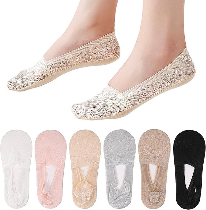 UK -4-7 SIZE Women No Show Lace Socks Cotton Non-slip Breathable Ankle Socks Invisible Ultra Low Cut Liner Socks with Silicone Strips for Loafers Sneakers-image-36