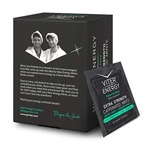 Viter Energy Caffeinated Mints - Extra Strength 80mg Caffeine, B Vitamins, Sugar Free Vegan Breath Mint. Powerful Energizing Boost. 1 Energy Mint = 1 Coffee, Gum, Chews, Gummies, Candy (Peppermint)