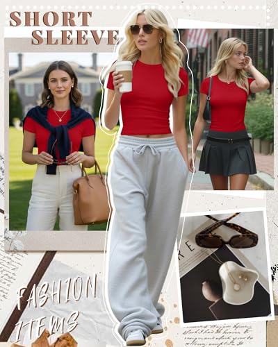 Image of Evervibe Women Built-in Bra Short Sleeve Shirts Crewneck T-Shirt Slim Fit Going Out Tops Casual Summer Basic Tees