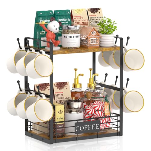 EsLuker.ly Coffee Mug Cup Holder Tree Bar Station Organizer, 2 Tier Mug Stand Rack for Countertop Kitchen, Storage Tower Display Shelf with 12 Hooks, Coffee Nook Enhancer, Vintage Brown Black