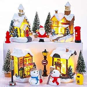 16 Pieces Christmas Village Sets Battery Operated Christmas Village Houses Xmas Village House Set Decor Xmas Town Scene…