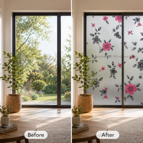 Image of Self Adhesive Window Privacy Film for Glass Windows & Doors | UV Blocking, Heat & Glare Reduction | Decorative Frosted Glass Film Easy to Apply (Pink, Black & Frosted White, 24X100 Inch)