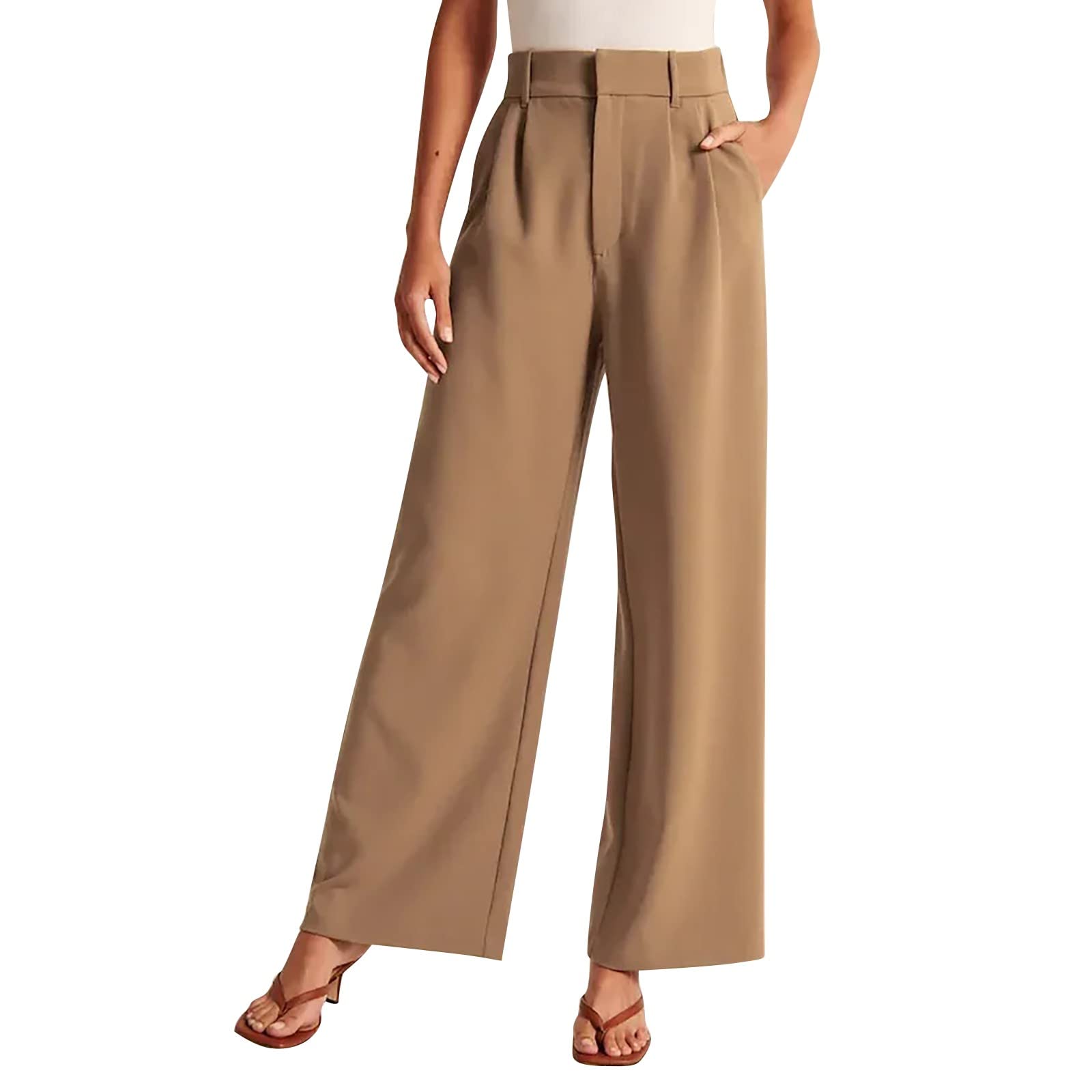 YOLAI Womens Casual Wide Leg Pants High Waist Tailored Button Down Trousers Business Work Trousers with Pockets