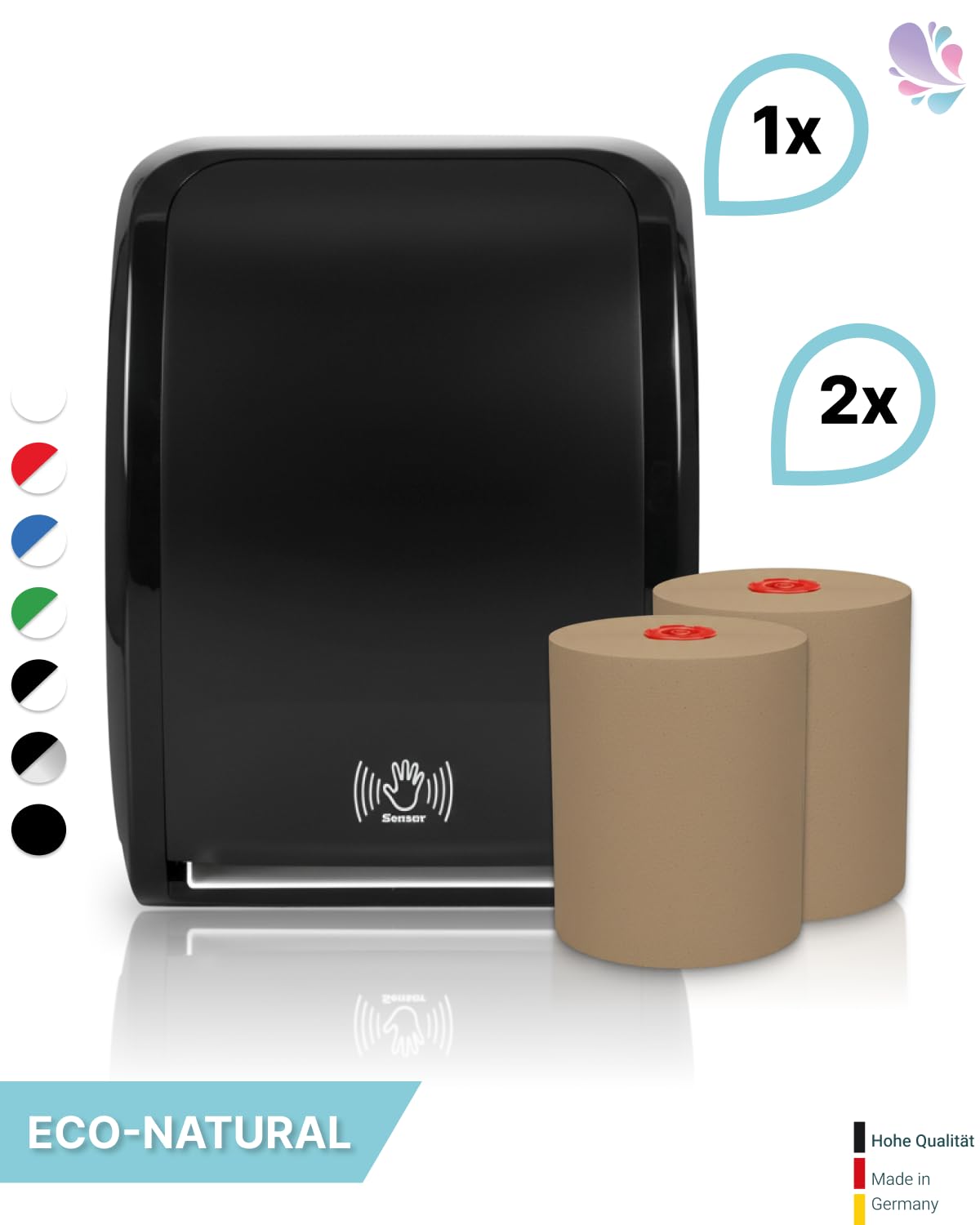 SET Cosmos Sensor Handtuchspender + 2 Rollen Schwarz | Made in Germany, inkl. 2 ECO-Natural Rollen, Sensorbetrieb, sparsame Einzelblattausgabe