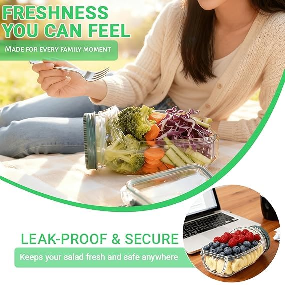 Image of Salad Pod Mason Jar with Side Opening Lid | Leakproof Vertical Layering Lunch Container with Built-in Dressing Compartment | Reusable Portable Salad Box for Office, Travel & Meal Prep (Pack of 1)