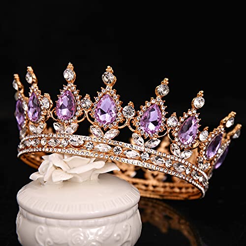 FORSEVEN Queen Crown Rhinestone Wedding Crowns and Tiaras for Women Costume Party Hair Accessories Princess Birthday Crown Crystal Bridal Crown (Gold+Light Purple) - Thumbnail 4