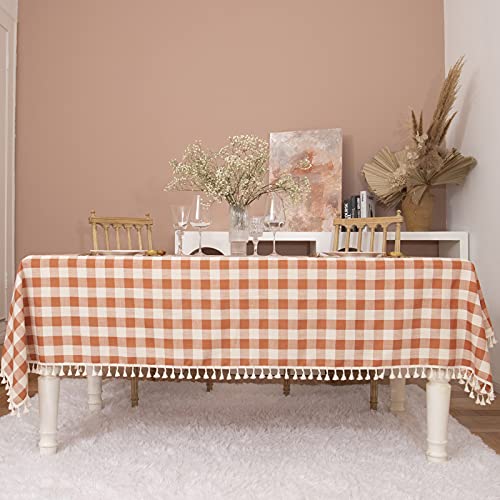 Midsummer Breeze Rustic Plaid Tassel Tablecloth-Country Buffalo Check Cotton Table Cloth For Spring Fall Thanksgiving Farmhouse Kitchen Dining Restaurant Decoration(Rectangle/Oblong, 55X70, Orange) #TOP6