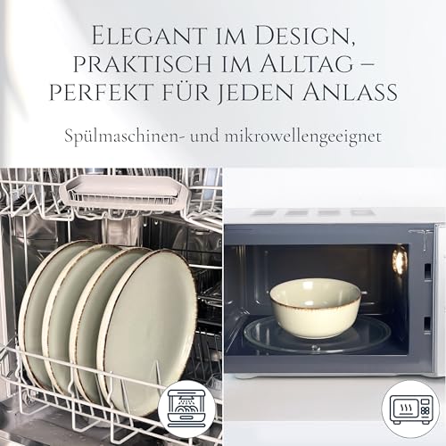Steingut Geschirrset 6 Personen Rustic 24 tlg. TESTSIEGER, Hochwertiges Landhaussttil Steingut Geschirr Set, Schüssel- und Teller Set, Tafelservice 6 Personen, Geschirrsets Pure Living in Mintgrün