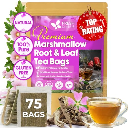 Image of FreshDrinkUS, Premium 75 Marshmallow Root and Leaf Tea Bags, 100% Natural & Pure. Loose Leaf Marshmallow Herbal Tea. Made with Eco-Conscious Tea Bags. No Sugar, No Caffeine, No Gluten, Vegan.