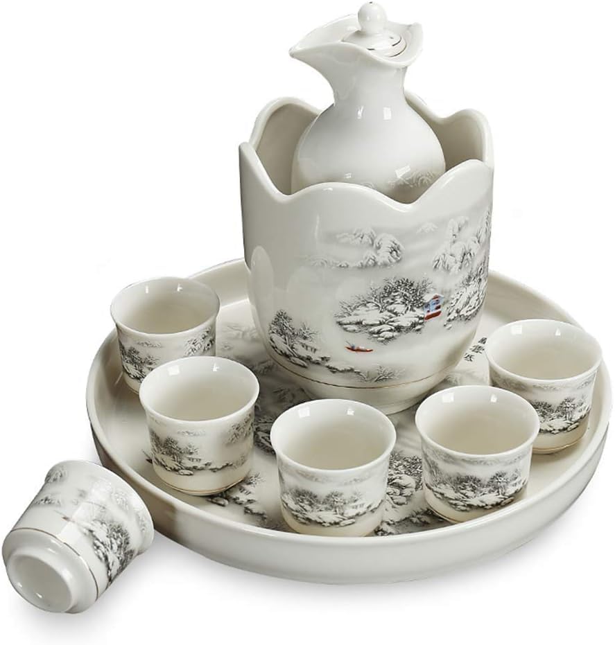 AKALNNB Juego de 9 copas de vino de cerámica japonesa con calentador y bandeja, tazas de cerámica de porcelana tradicionales, el mejor regalo para familiares y amigos, vajilla