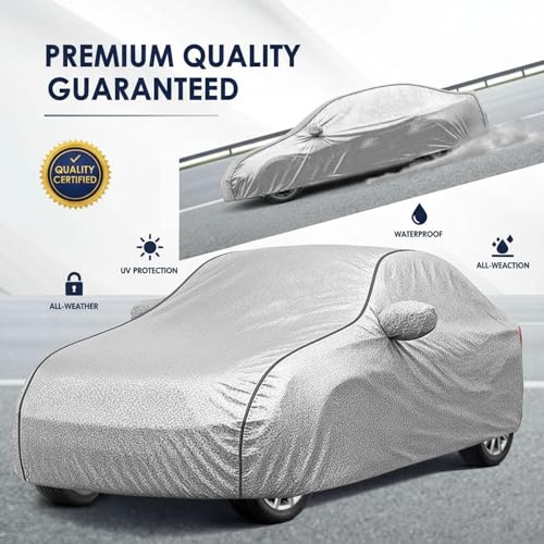 Image of Car Cover for Maruti Celerio All Model & Years (2014-2024) 100% Waterproof with Mirror Pockets, Triple Stitched Bottom Elastic Dustproof Full Body Protection Heat & UV Resistant-Silver