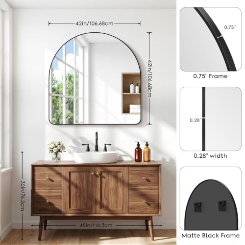 Image of BONEWEI Arched Wall Mirror,42x42 inch Black Arched Mirror Bathroom,Large Vanity Mirror for Over Sink Metal Frame,Tempered Glass Arch Mirrors for Bedroom,Entryway,Living Room,Home Decor Shatter-Proof